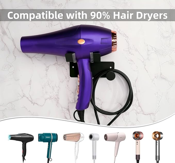Hair Dryer Holder, Dyson Hair Dryer Holder, Blow Dryer Holder with Cord Hook SUS304 Stainless Steel Wall Mount, Self Adhesive/Screw Space Saving Hairdryer Holder for Bathroom Black