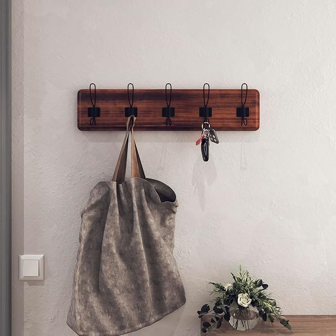 HBCY Creations Dark Wash Brown Rustic Coat Rack Wall Mount with 5 Hooks, Solid Pine Wood 24 inch Wall Hooks for Entryway, Mudroom, Hallway, Bathroom - Vintage Farmhouse Style Wall Mounted Towel Rack