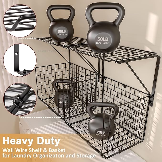 2 Pack Laundry Room Shelves, Wire Baskets with 8 Hooks, Over Washer and Dryer Shelf, Wall Mounted Storage and Clothes Drying Rack, Black
