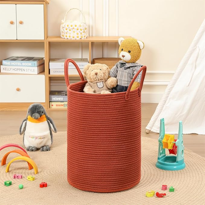 60L Large Woven Laundry Basket Hamper, 100% Natural Cotton Rope, Handwoven & Durable, Storage for Blankets, Toys, Clothes, Decorative Nursery Hamper for Living Room, Baby Room, Bedroom (Terracotta)