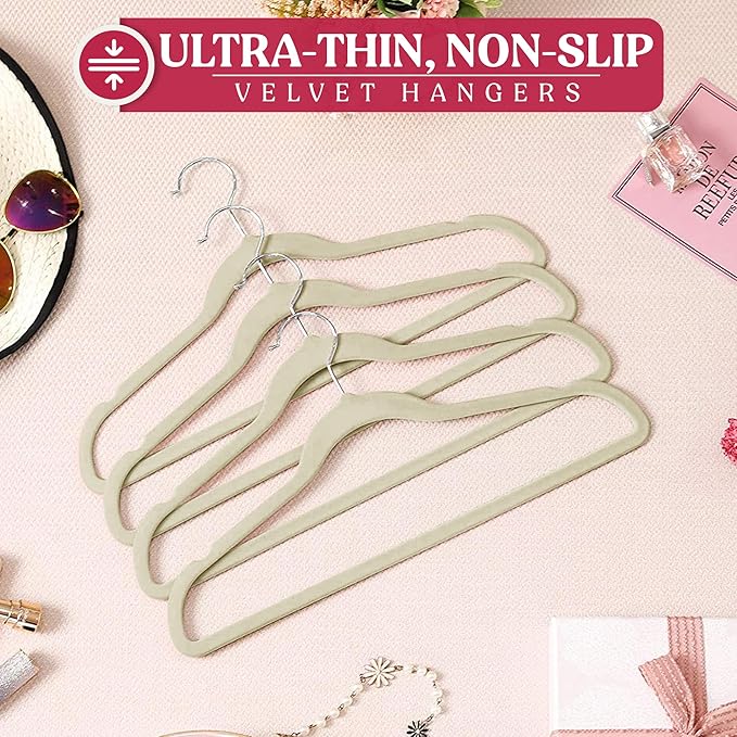 LDC Ivory Velvet Hangers 100 Pack - Premium Non-Slip Clothes Coat Pants Felt Hanger for Closet - Heavy Duty Space Saving 360° Swivel Hook Hangars – Ivory