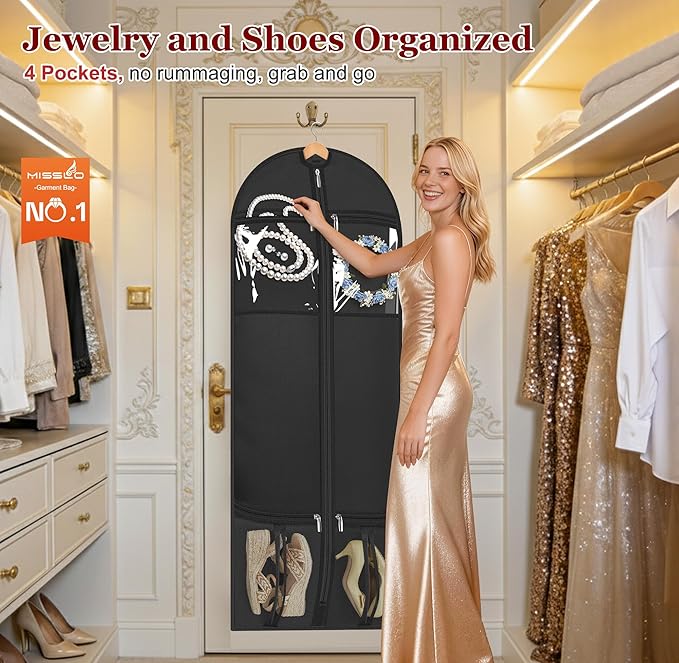 MISSLO 60" Dress Bags for Gowns Long with 4 Large Pockets Garment Bags for Travel for Women Heavy Duty Wedding Dress Bag for Hanging Clothes Garment Covers, Black