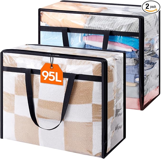 Lifewit 2 Pack Clear Clothes Storage Bags, 95L Large Plastic Blanket Storage, Vinyl Foldable Moving Bags with Zipper, Closet Organizers Containers for Comforter, Bedding, Duvet, Pillow