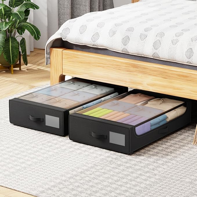 PayLessHere 2 Pack Under Bed Storage with Wheels 53L Under Bed Storage Containers with Clear Lids Clothes Organizer Underbed Rolling Underbed Storage for Clothes, Shoes, Blankets,Black