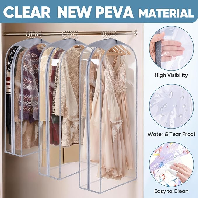 BALEINE 60'' Clear Garment Bags, 10.5'' Wide PEVA Suit Bag for Closet Clothes Dresses Suit Coats Storage (Clear, 6PK)