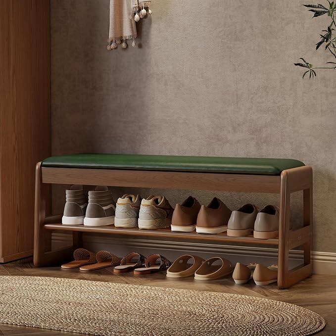 AQIMUELE Shoe Rack Bench,2 Tiers Shoe Bench with Storage with Flip-Top,Wood Shoe Rack for Entryway,Hallway（Green Upholstered Seat）