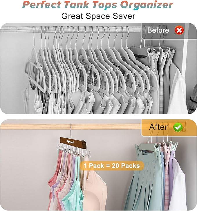 Bra Hanger for Closet, 1 Pack Tank Top Hanger w/20 Hooks Capacity Foldable Wood Space Saving Hangers, 360°Rotating Closet Organizers and Storage for Dorm & Apartment for Bra Scarf Ties(Brown)