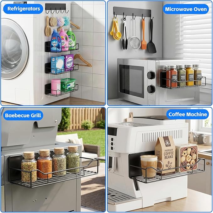 Magnetic Shelves for Washing Machine, 5 Pack Heavy Duty Laundry Shelf Organizer with Hooks, Strong Magnetic Storage Rack for Washer, Dryer, Refrigerator & Kitchen Laundry Organizer (Black)