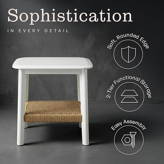 Alaterre Furniture Calais Side Table - 2-Tier Small End Table with Woven Storage Shelf - Wooden Nightstand for Small Spaces, Living Room, or Bedroom - Mid Century Modern Furniture (White, Set of 2)