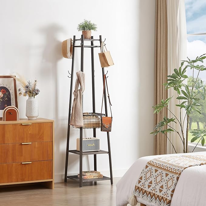 VECELO Industrial Coat Rack,Enterway Clothes Stand with 2 Tier Storage Shelves and Metal Basket,Upgrade Hall Trees with 8 Dual Hooks,Antique Brown