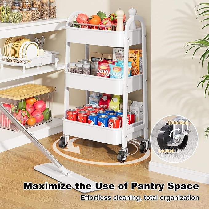 3 Tier Rolling Cart with Wheels for Pantry Organizers and Storage, Metal Utility Kitchen Cart for Fruit and Vegetable Storage, Snack Carts for Kitchen Organization, Art, Craft, Bathroom, Lash, White