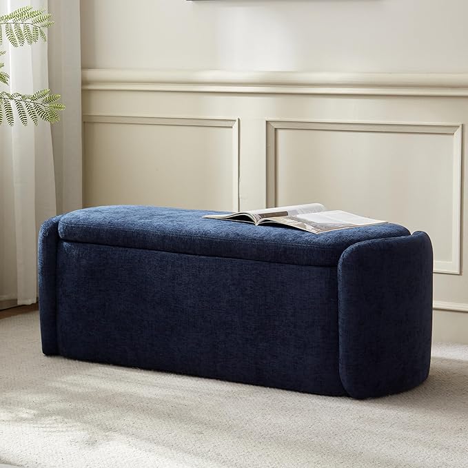 VKNOW Oval Storage Ottoman Bench, 46" Upholstered End of Bed Bench Ottomans Bench Foot Rest, Sherpa Storage Bench for Bedroom, Living Room and Hallway, Navy