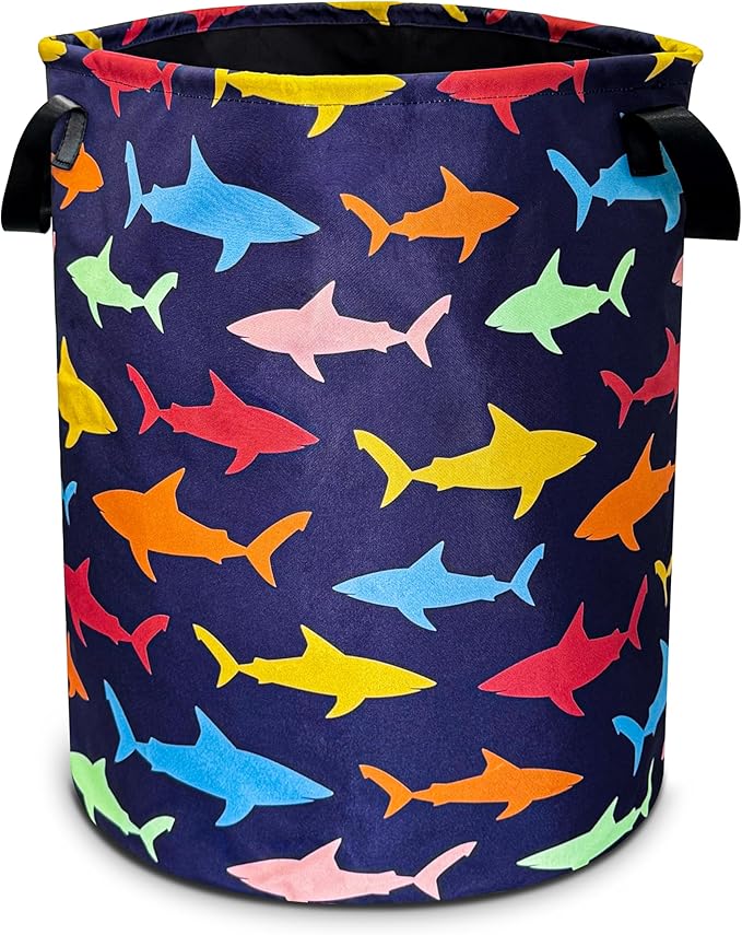 Colorful Shark Laundry Basket Cartoon Pictures Foldable Oxford Cloth Funny Tote Bag Laundry Hamper Clothes Storage Bucket Toy Organizer For Bathroom/Laundry Storage/Bedroom 18.9x16.5 In