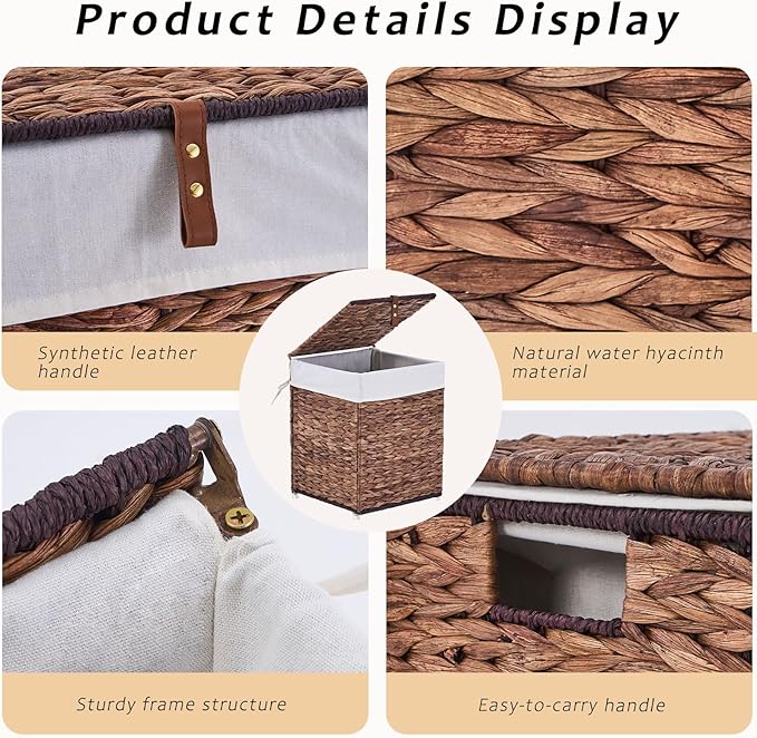 Mini Handwoven Laundry Basket with Lid, Natural Water Hyacinth Storage Basket with Handle, Removable Cotton Liner, Durable and Stylish for Bedroom, Bathroom, Laundry Room