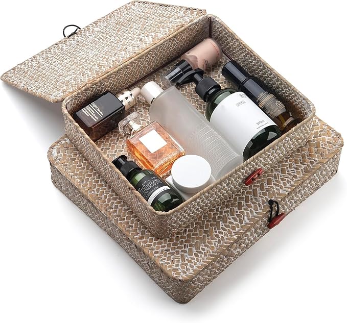 Seagrass Storage Baskets with Lid, Flat Wicker Basket, Shallow Woven Basket for Shelf, Decorative Storage Boxes for Organizing, Whitewash