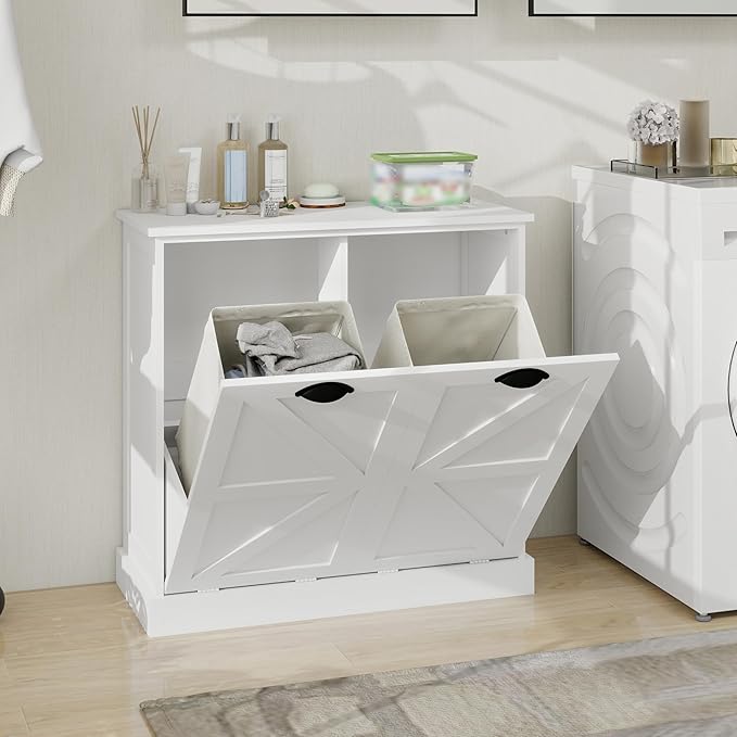 Laundry Hamper Cabinet with Removable Basket, Double Tilt Out Laundry Hamper, Wood Bathroom Storage, Free Standing Home Organizer, White