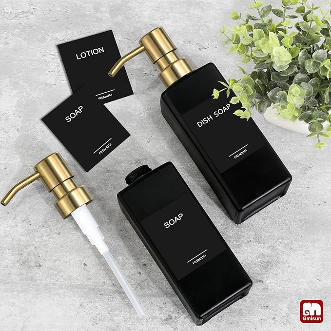 GMISUN Gold Soap Dispenser, Black Soap Dispenser Bathroom with Stainless Steel Pump, Hand and Dish Soap Dispensers Set for Kitchen, 12 fl oz/350ml Glass Liquid Refillable Lotion Dispenser Bottle