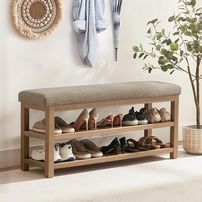 Shoe Rack Bench with Cushion, 2 Tier Solid Wood Storage Bench, Mid-Century Modern Shoe Bench for Entryway, Hallway, Closet, Front Door Entrance, Foyer (Brown, 46.5")