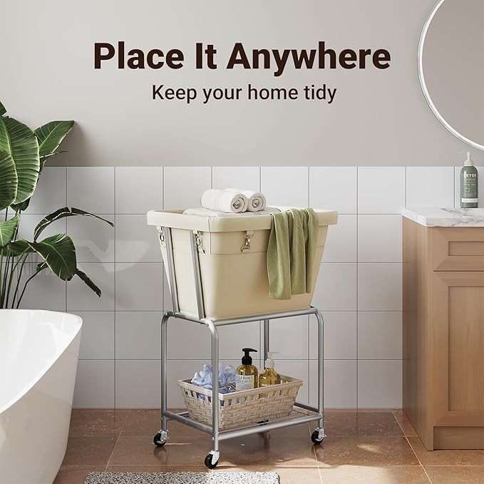 ELYKEN Rolling Laundry Hamper with Wheels, Laundry Cart with Removable Bag, Heavy Duty Metal Frame, 2-Tier Clothes Basket Hamper with Shelf for Closet, Bedroom, Bathroom, Laundry Room, Cream