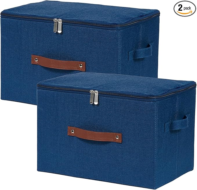 2 Pack Storage Bins with Zipper Lid Cotton Linen Fabric Lidded Storage Baskets Boxes Foldable Washable Closet Shelf Clothes Organizer Container with PU Leather Handles (Deep Blue, Large)