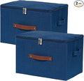 2 Pack Storage Bins with Zipper Lid Cotton Linen Fabric Lidded Storage Baskets Boxes Foldable Washable Closet Shelf Clothes Organizer Container with PU Leather Handles (Deep Blue, Large)