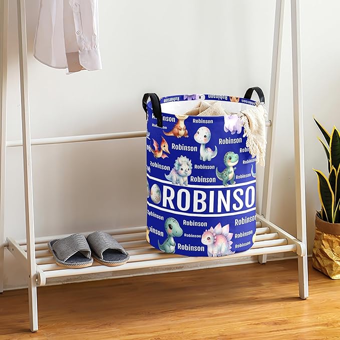 Large Custom Name Laundry Hamper, Dinosaur Personalized Dirty Clothes Hamper Storage Basket with Name for Bathroom Bedrooms, Customized Name Circular Hamper with Handles for Baby Boys Girls Men Women