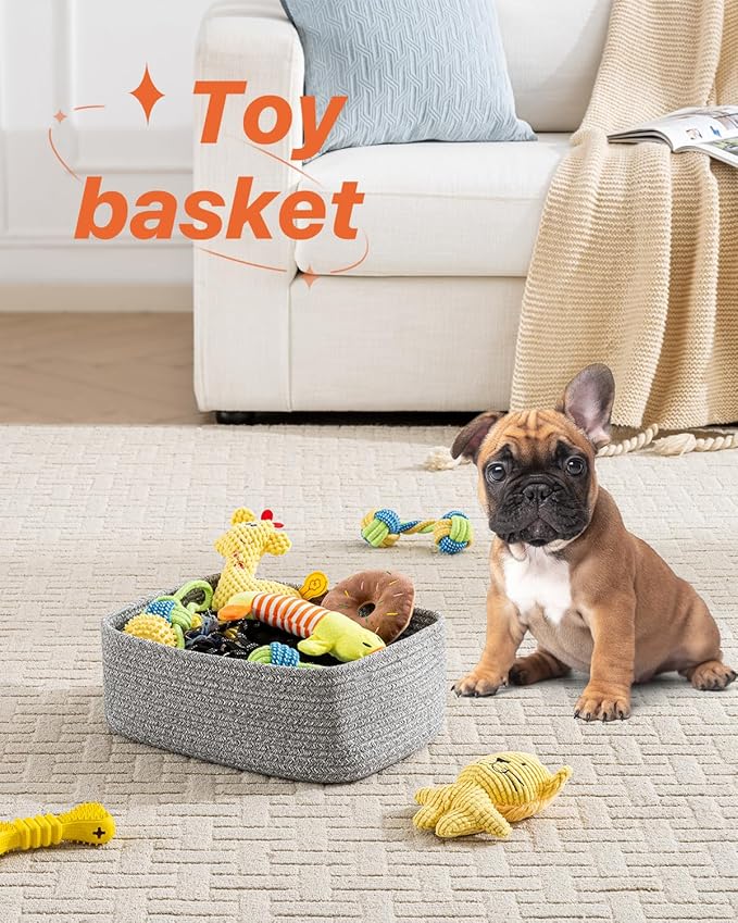 Small Woven Basket, 13.5 x 9.5 x 5 Inches, Storage Basket for Organizing, Cute Small Rope Shelf Closet Cube Storage Bins Baskets for Shelves, Dog Toy Gift Baskets Empty, 3 Packs, Mixed Grey