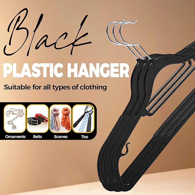Quality Clothes Set 200 Pack - Non-Velvet Plastic for Clothes - Heavy Duty Coat Set - Space-Saving Closet with Black Swivel Hooks - Functional Non-Flocked