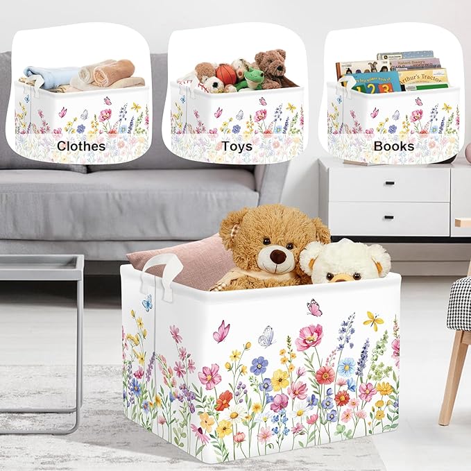 Colourful Flowers Laundry Hamper Large Storage Basket Floral Collapsible Adult Organizer Kids Clothes Toys Bins for Bedroom, Bathroom, Pinkish Purple, 36L