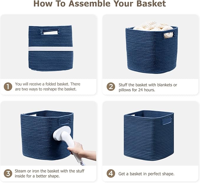 UBBCARE Set of 4 Storage Bins - 13 X 13 X 13 In, Cotton Rope Bins for Shelves, Toys, Books, Cube Storage with Handles, Woven Basket for Organizing, Navy Blue