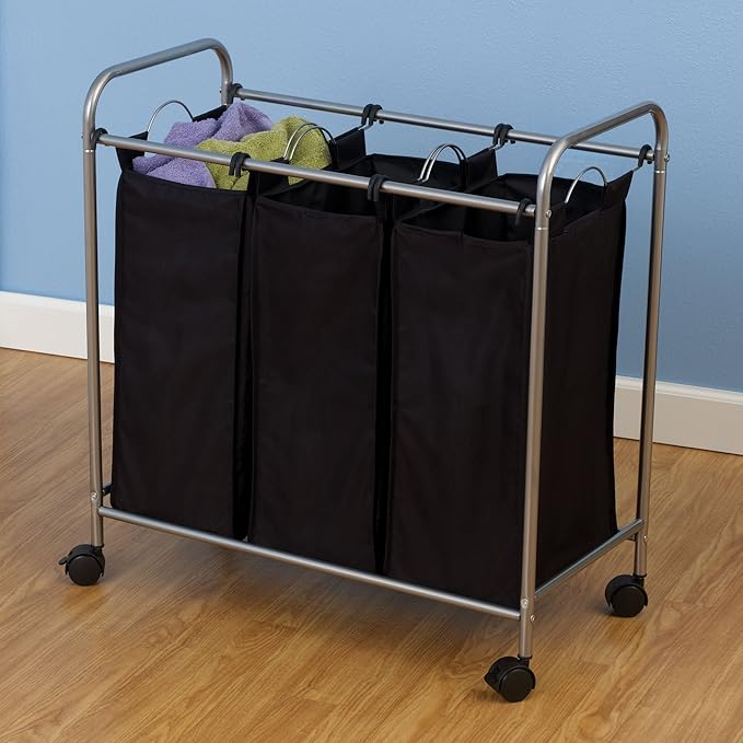 Household Essentials 7044 Triple Laundry Sorter on Wheels - Black and Grey