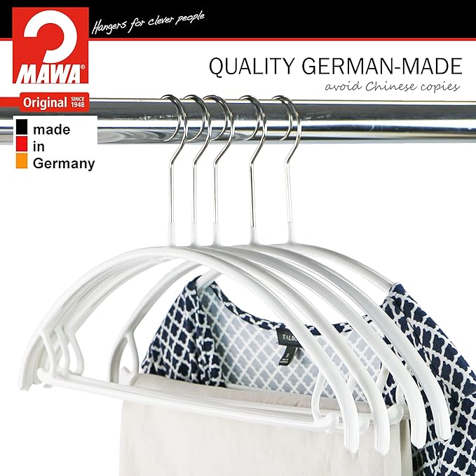 Mawa by Reston Lloyd Non Slip Metal Clothing Hanger, Smooth Shoulder Support with Skirt Hooks/Pant Bar, Model 42-U, White, Pack of 5