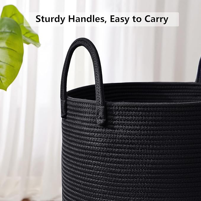 60L Black Woven Rope Hamper Laundry Basket for Clothes Tall Modern Blanket Storage Basket in Living Room Bedroom 15Dx20H inches