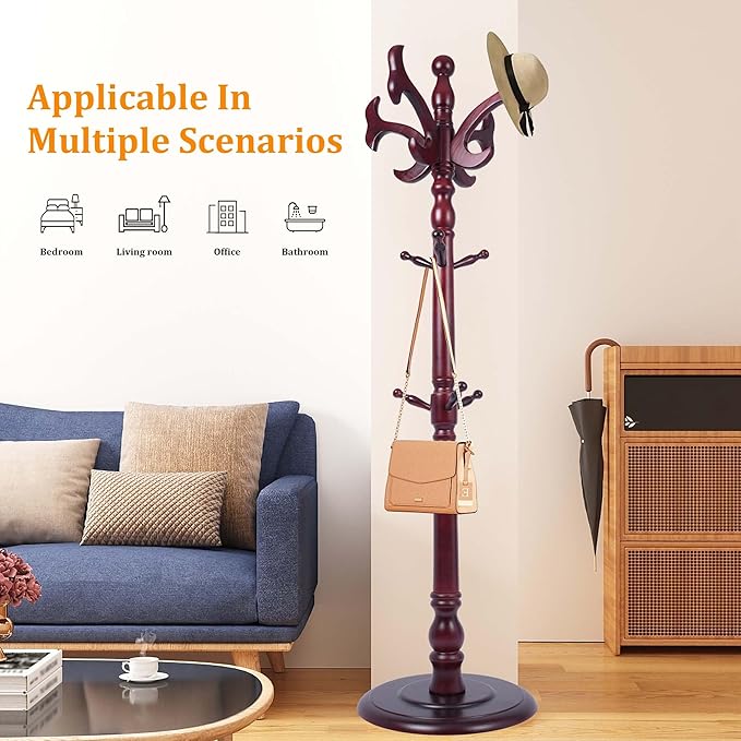 72“ Modern Wooden Coat Rack Freestanding Wood Coat Tree Heavy Duty with Hooks and Sturdy Round Base Coat Hanger Stand for Entrance, Office, Corridor