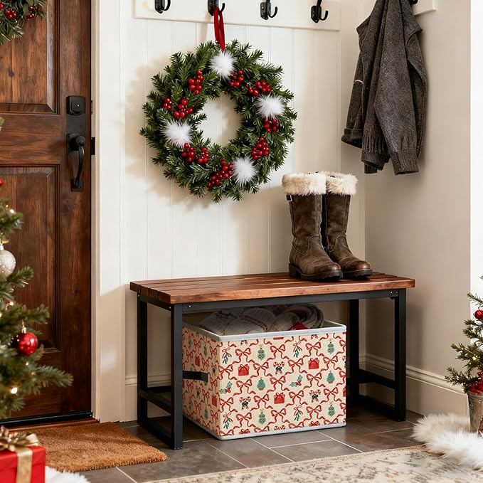 Coquette Red Bow Christmas Storage Bins, Preppy Girly Red and Green Christmas Tree Candy Canes Holiday Foldable Closet Organizers Storage Basket Toybox for Clothes Bed Sheets Blankets Toys