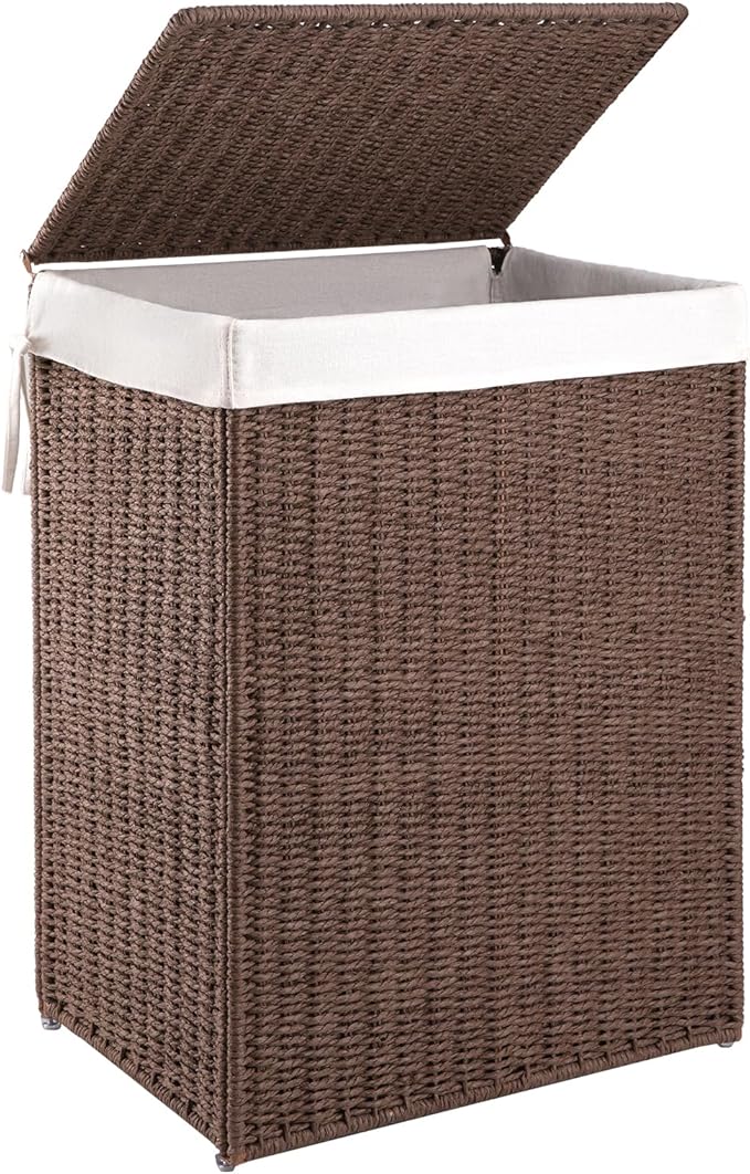 OIAHOMY Laundry Hamper with Lid, 23.8 Gal (90L) Wicker Hamper with Removable Liner Bags, Handwoven Clothes Basket with Handles, Foldable Woven Paper Rope Basket for Laundry Room, Bedroom-Brown