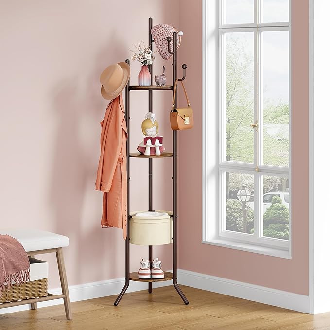Hoctieon Coat Rack Freestanding, Round Coat Rack with 3 Wooden Shelves and 1 Fabric Basket, Metal Clothes Tree with 5 Hooks, Coat Hanger Stand for Clothes, Hats, Bags, Rustic Brown