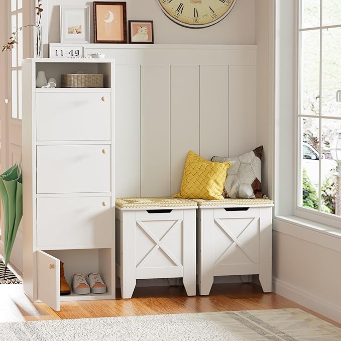 VECELO 17.7" Storage Bench, Entryway Shoe Ottoman, Farmhouse Style Bench with Handwoven Cushion and Metal Safety Hinges, for Bedroom, Living Room, Entryway, White