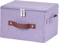 Storage Bins with Zipper Lid Cotton Linen Fabric Lidded Storage Baskets Boxes Foldable Washable Closet Shelf Clothes Organizer Container with PU Leather Handles (Purple, Small)