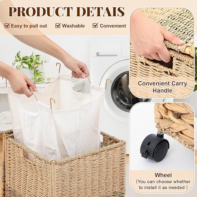 65 L Rolling Wicker Laundry Basket Laundry Hamper with Lid Decorative Woven Hamper with Washable Removable Liner Bags and Handles for Clothes Tricolor Natural Water Hyacinth(1 Sections)