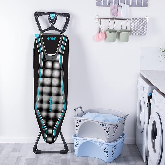 Minky Homecare Ergo Plus Prozone Ironing Board Made in UK Freestanding Full Size Iron Table with Heat Reflective Cover, Thick Felt Underlay and Large 48" x 15" Ironing Surface (Gunmetal and Blue)