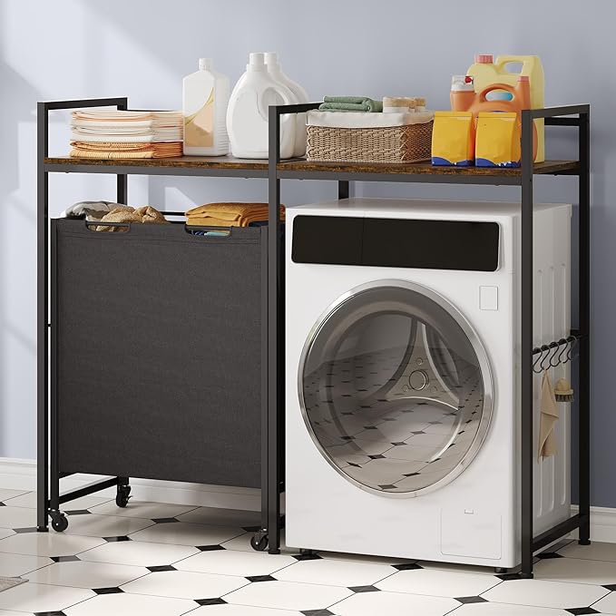 DWVO Over Washer and Dryer Shelves, Standing Shelf with Wheels 68.7 Gal Rolling Laundry Hamper with Shelf/Hooks, Over Washer Storage Portable Laundry Cart Bathroom Organization, 55" H x 47.20" W