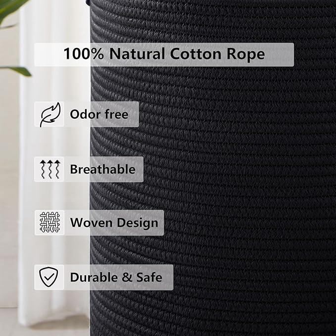 80L Black Woven Rope Hamper Laundry Basket for Clothes Tall Modern Blanket Storage Basket in Living Room Bedroom Extra Large