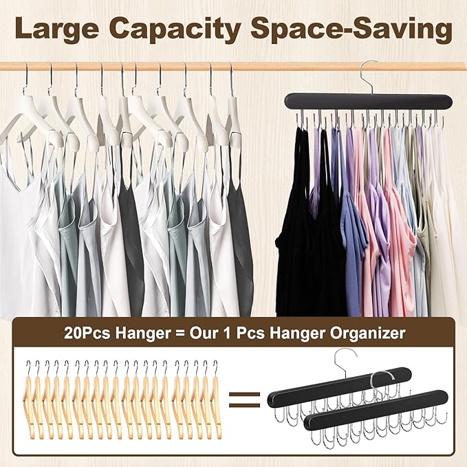 2 Pack Tank Top Hanger, 40 Hooks Large Capacity Bra Hanger for Closet Organizers & Storage, Bra Organizer Closet, Tank Top Hangers Space Saving for Sports Bras, Tank Top (Black, 2 Pack)