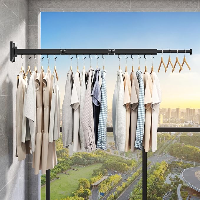 Wall Mounted Clothes Drying Rack, Collapsible Laundry Drying Rack, Retractable Foldable Drying Rack Clothing for Hanging Clothes,Black-Hooks