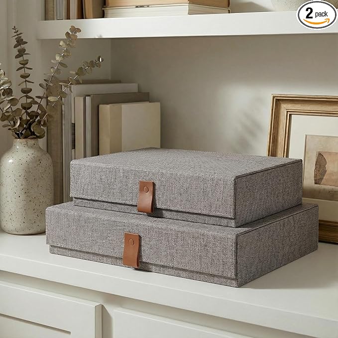 Decorative Photo Storage Boxes with Lids - Set of 2 Beautiful Linen Organizers Are Perfect to Safely Store Your Pictures, Documents, Scrapbooking Supplies, Keepsakes and Other Memories in Style