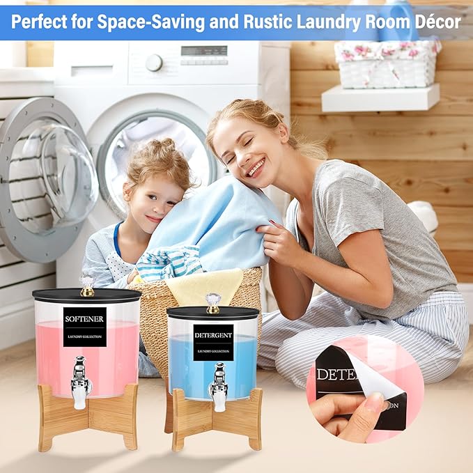 Laundry Detergent Dispenser Set 2 Pack Large & Small Liquid Laundry Soap Dispensers with Bamboo Stands Acrylic Laundry Detergent Containers Total Capacity About 1.25 Gallons Laundry Room Organization