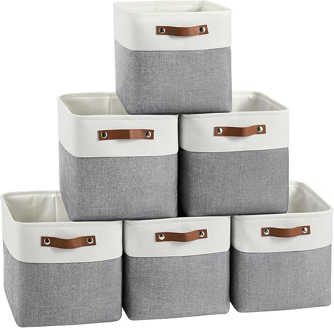 Cube Storage Baskets 6 Pack, 11x11 inch Cube Storage Bins with Leather Handles for Shelf Closet (White/ Gray)