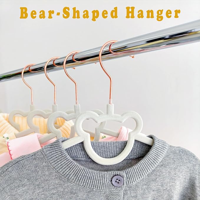 60 Pack Gray Velvet Kids Clothes Hangers - 12.6in for Ages 4-10, with Cute Bear, Rotating Rose Gold Hook, Non-Slip, Space-Saving Slim Felt Hangers for Toddler Coats, Jackets, Dresses