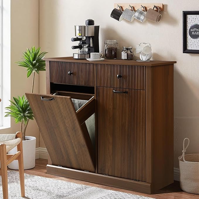 Modern Double Tilt Out Laundry Hamper Cabinet, Fluted Hidden 22 Gallon Garbage Cabinet with Laundry Storage Baskets, Wooden Trash Can Cabinets with Drawers (Brown, 13"D x 39"W x 36"H (Full))